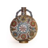 A 19th century Chinese cloisonne moon flask, twin handled and decorated with stylized flowers over a