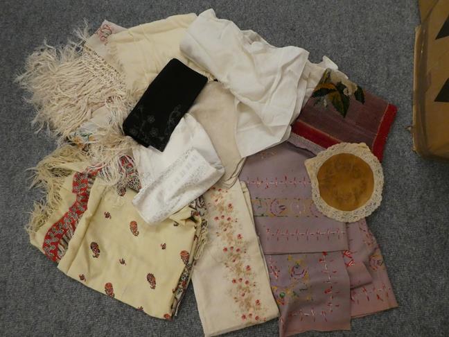 Assorted textiles, linen, chenille cloths, late 19th century silk and wool scarves, printed scarf, a - Image 12 of 14
