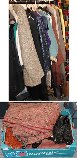 A quantity of assorted costume, including gents jacket and overcoats, white evening jackets, a