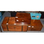 A Victorian rosewood brass bound writing slope, a walnut marquetry banded sewing box and a