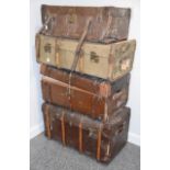 Harrods brown canvas trunk with lift out tray, AJ Lawrence trunk maker trunk with tray, two other