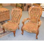 Two Victorian buttoned spoon backed armchair, walnut framed with floral upholstery (2)
