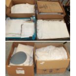 Assorted white linen, embroidered textiles, crochet trims, linen etc (six boxes)