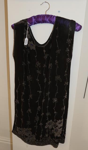 Black chiffon sleeveless 'flapper' dress with bead decoration in a floral design