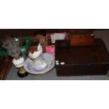 An 18th century oak bible box, 19th century mahogany jewellery box, oil lamp and a jug and a bowl