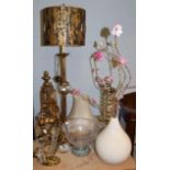 A group of decorative items including an owl form table lamp, a reproduction gilt mantle clock, a