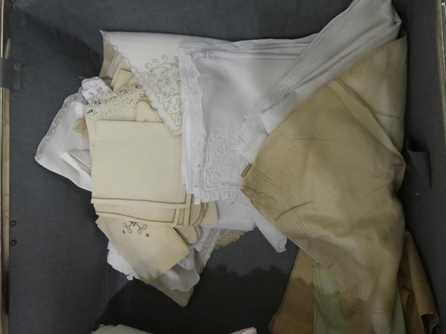 Quantity of assorted white linen, embroidered textiles, handkerchiefs, table linens in a navy - Image 9 of 12