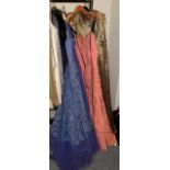 Circa 1940s and later evening dresses, including lace mounted examples, velvet dresses, mainly