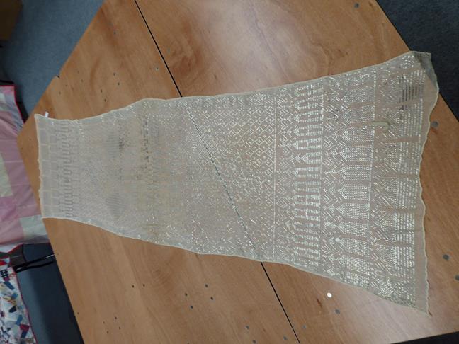 Assuit shawl in a geometric design, 70cm by 240cm. Some fraying to the edges, some of metal is - Image 2 of 11