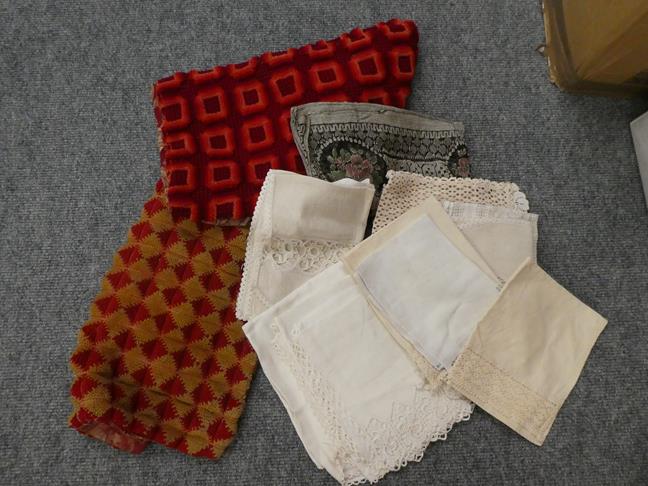 Assorted textiles, linen, chenille cloths, late 19th century silk and wool scarves, printed scarf, a - Image 14 of 14