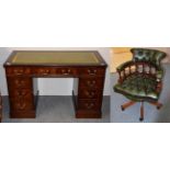 A 19th century style mahogany twin pedestal desk, green leather inset together with a Georgian style