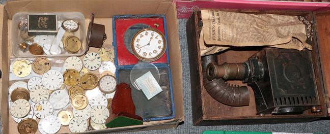 A box of assorted pocket watch movements, wrist watch movements etc and a boxed Gloria EP magic