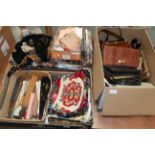 Assorted handbags, fans, embroidery, shawls, tights, stockings, hankie's etc (three boxes)