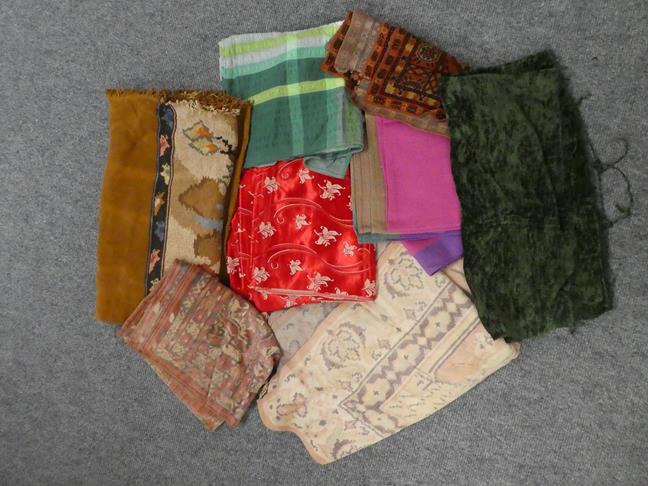 Assorted textiles, linen, chenille cloths, late 19th century silk and wool scarves, printed scarf, a - Image 10 of 14