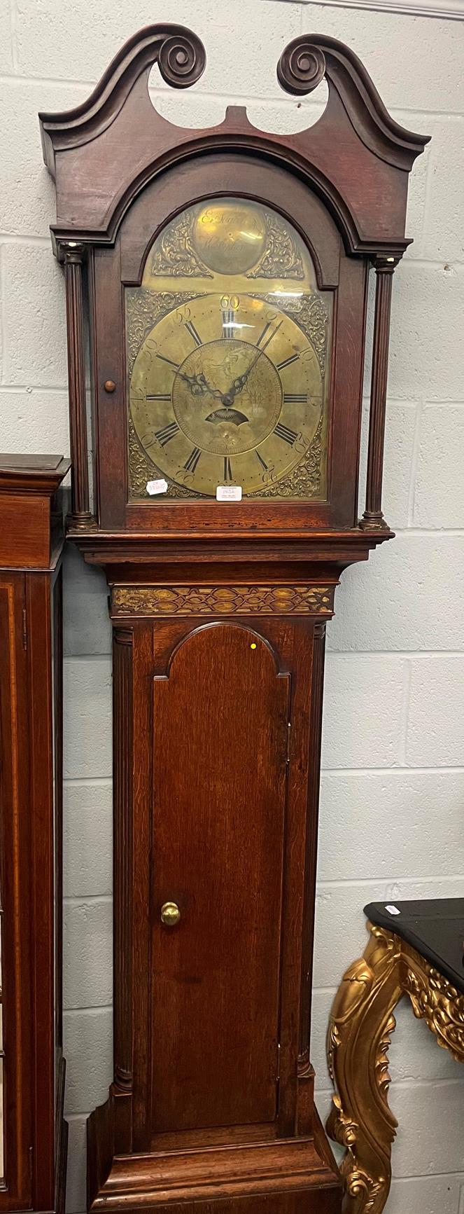 A George III oak cased eight-day longcase clock, with brass arched top dial, 259cm