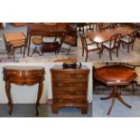 A reproduction mahogany serpentine two-drawer side table together with two mahogany occasional