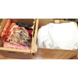 Quantity of white cotton undergarments, linen, eastern costume, obi's etc (two boxes)