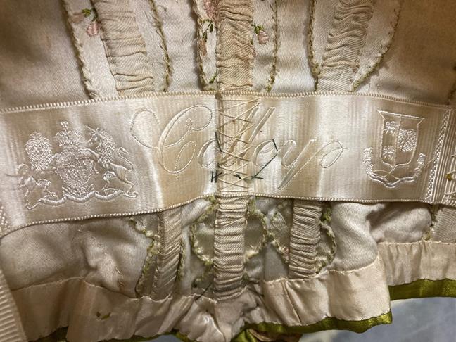 A 19th Century Wedding Costume, comprising a fitted bodice in a silk brocade woven with lily of - Image 11 of 16