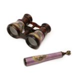 Pair of 19th Century Opera Glasses, mounted with purple enamel and painted with two figures in