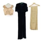 Circa 1930s Blue Velvet Evening Dress, sleeveless and full length with an attached 'shawl' with a