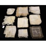 Nine Assorted White Cotton and Silk 19th Century and Later Handkerchiefs, with lace trims in