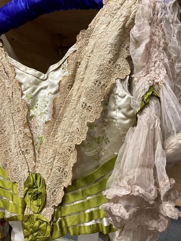 A 19th Century Wedding Costume, comprising a fitted bodice in a silk brocade woven with lily of - Image 7 of 16