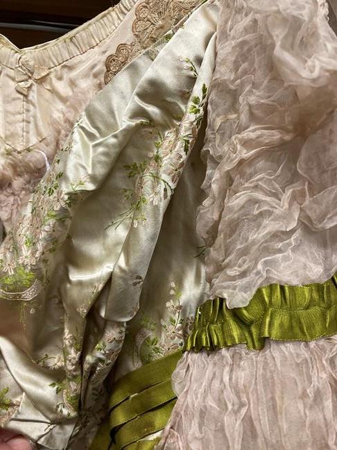 A 19th Century Wedding Costume, comprising a fitted bodice in a silk brocade woven with lily of - Image 9 of 16