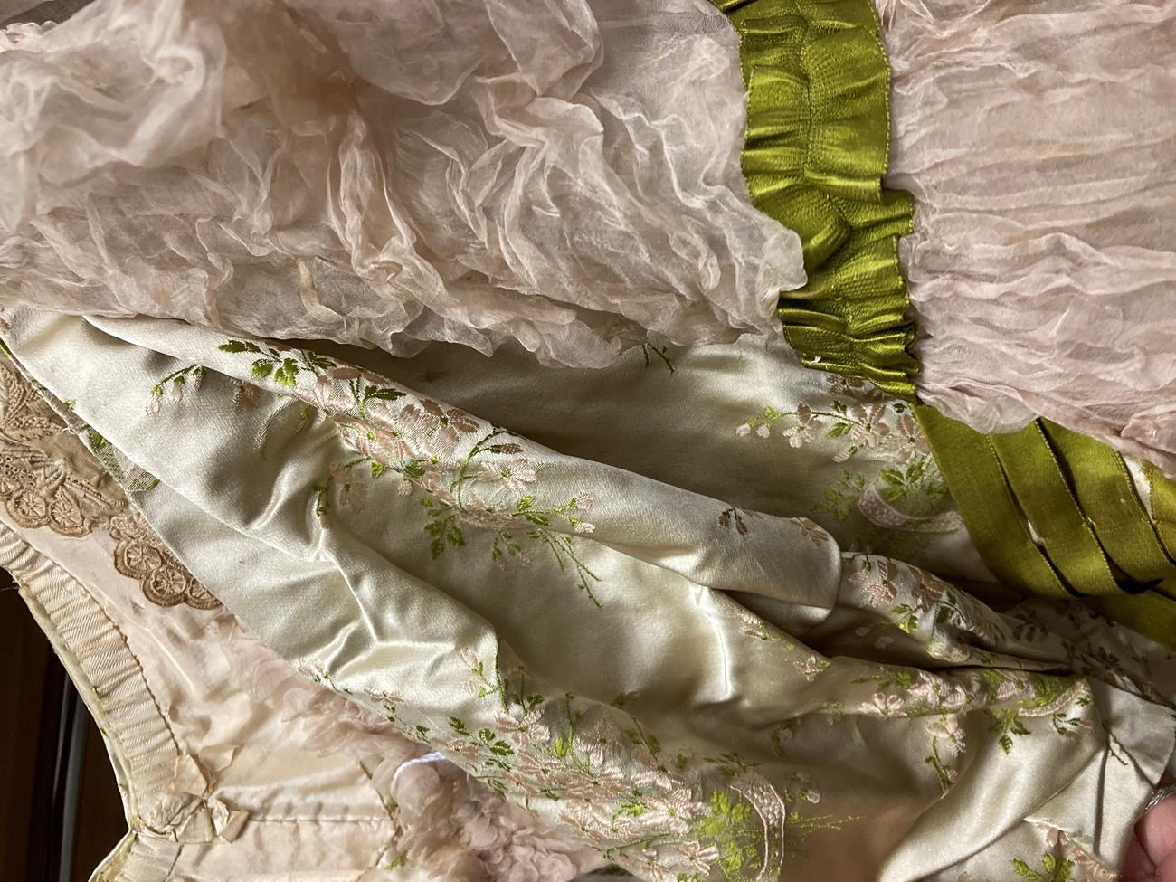 A 19th Century Wedding Costume, comprising a fitted bodice in a silk brocade woven with lily of - Image 8 of 16
