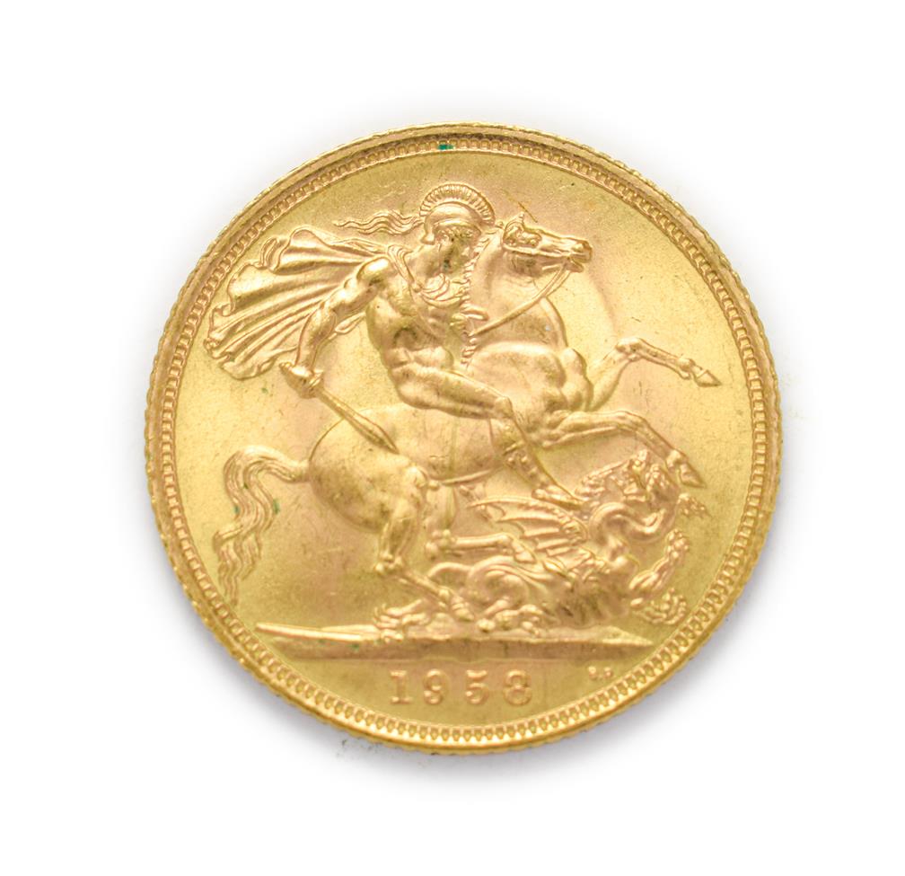 Elizabeth II (1952 - ), 1958 Sovereign. Obv: First, laureate portrait of Elizabeth II right, by