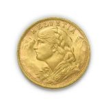 Switzerland, 1947 B Twenty Francs. 6.45g of .900 gold. Bern mint. Obv: Bust of young woman from