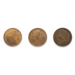 Victoria (1837 - 1901), 3 x '' Bun Head'' Bronze Coins consisting of: 1887 Penny. ''Bun head'' type.