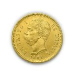 Italy, Umberto I (1878 - 1900), 1882 R Twenty Lire. 6.45g of .900 gold. Rome mint. Obv: Bare head of