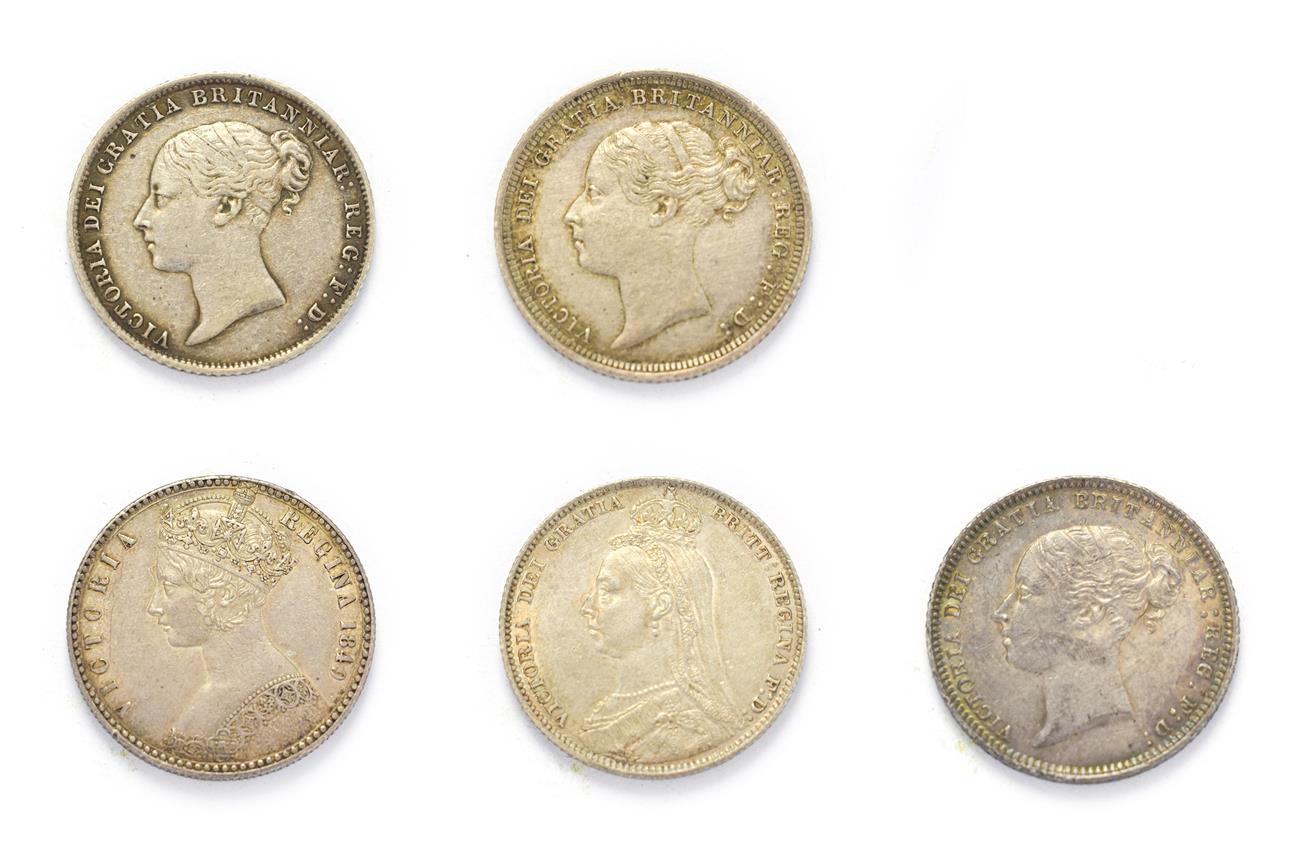 Victoria (1837 - 1901), 5 x Silver Coins consisting of: 1849 ''godless'' florin. Obv: Obv: ''