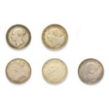 Victoria (1837 - 1901), 5 x Silver Coins consisting of: 1849 ''godless'' florin. Obv: Obv: ''