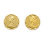 Isle of Man, 2 x 1994 Gold 1/20 Angel. Each coin 1.55g of 24ct (.999) gold. Obv: Portrait of