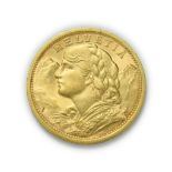 Switzerland, 1908 B Twenty Francs. 6.45g of .900 gold. Bern mint. Obv: Bust of young woman from