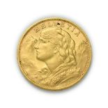 Switzerland, 1930 B Twenty Francs. 6.45g of .900 gold. Bern mint. Obv: Bust of young woman from