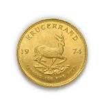 South Africa, 1974 Krugerrand. 1 oz. 24ct (.999). Obv: Bust of Paul Kruger left. Rev: Springbok,