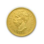 Italy, Umberto I (1878 - 1900), 1882 R Twenty Lire. 6.45g of .900 gold. Rome mint. Obv: Bare head of