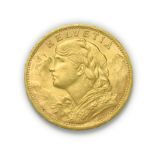 Switzerland, 1930 B Twenty Francs. 6.45g of .900 gold. Bern mint. Obv: Bust of young woman from