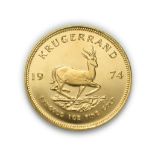 South Africa, 1974 Krugerrand. 1 oz. 24ct (.999). Obv: Bust of Paul Kruger left. Rev: Springbok,