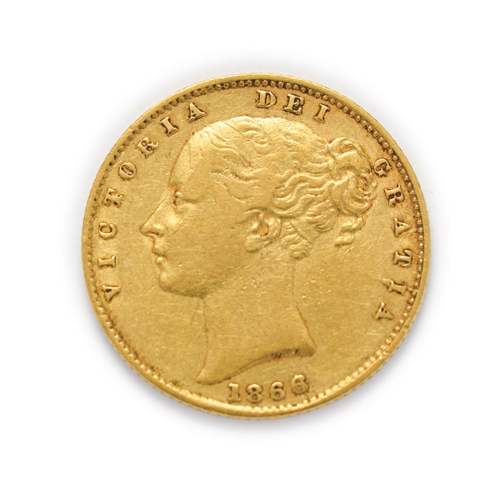 Victoria (1837 - 1901), 1866 Sovereign. Obv: Second (large), young portrait of Victoria left, W.W.