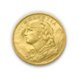 Switzerland, 1930 B Twenty Francs. 6.45g of .900 gold. Bern mint. Obv: Bust of young woman from