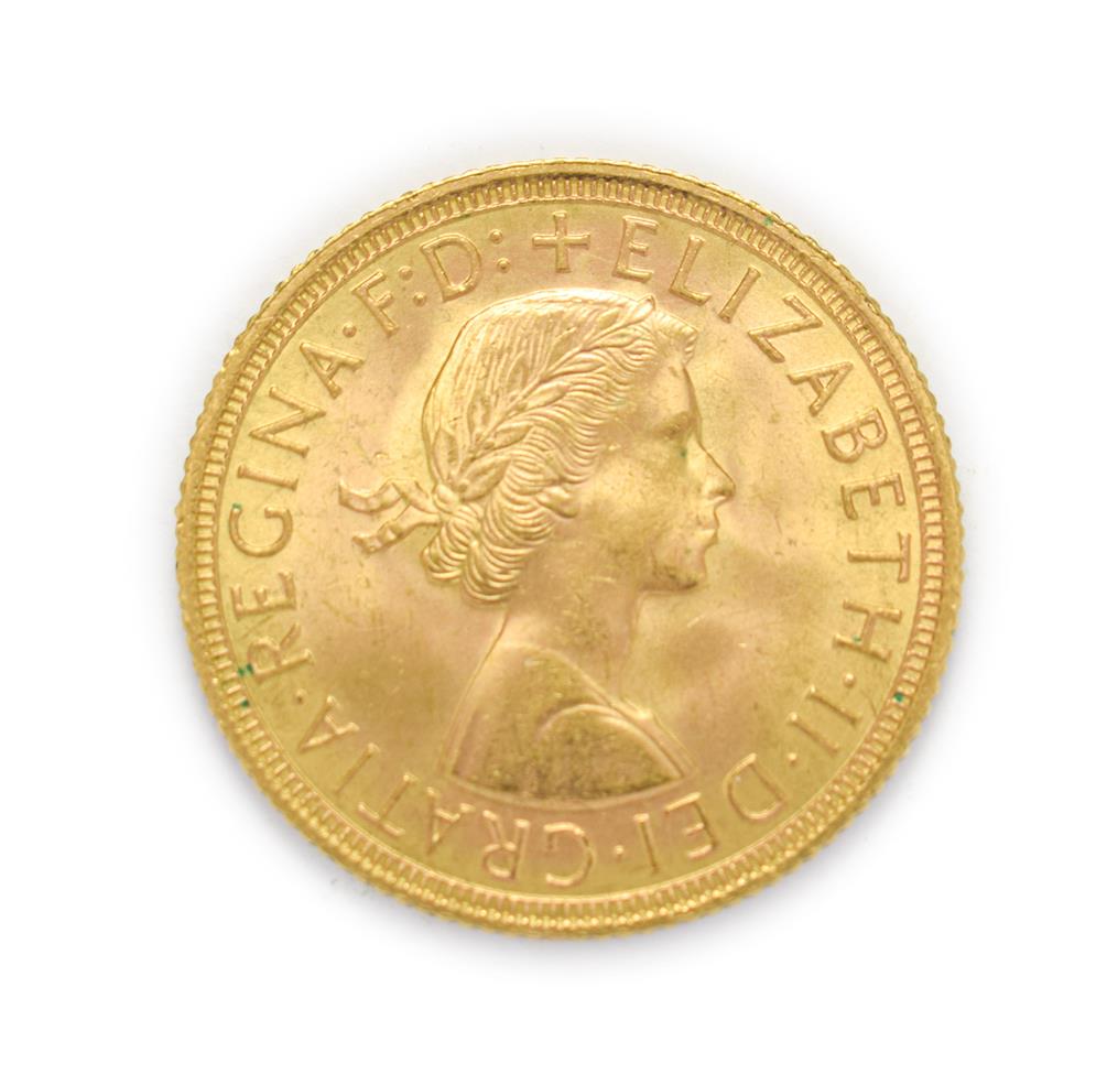 Elizabeth II (1952 - ), 1958 Sovereign. Obv: First, laureate portrait of Elizabeth II right, by - Image 2 of 2