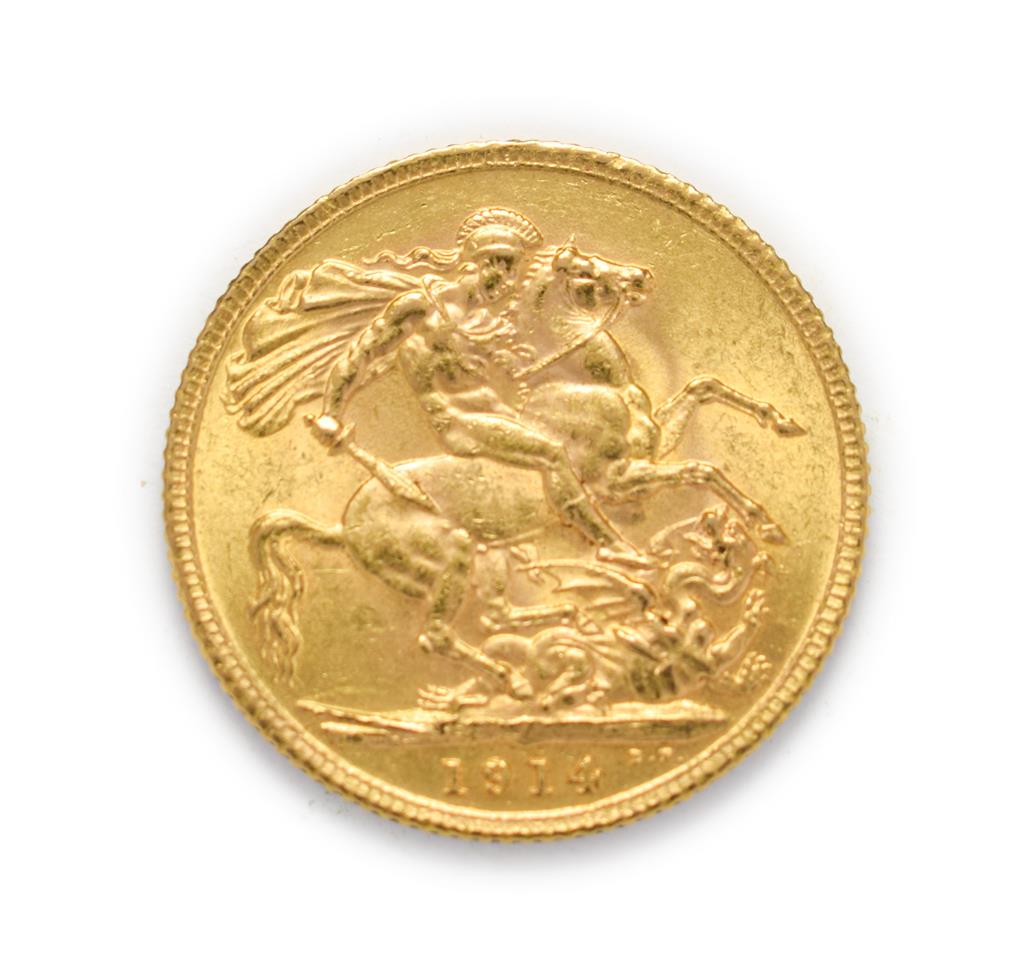 George V (1910 - 1936), 1914 Sovereign. Obv: Bare head of George V left, B.M. below truncation for