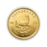 South Africa, 1974 Krugerrand. 1 oz. 24ct (.999). Obv: Bust of Paul Kruger left. Rev: Springbok,