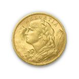 Switzerland, 1930 B Twenty Francs. 6.45g of .900 gold. Bern mint. Obv: Bust of young woman from