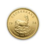 South Africa, 1974 Krugerrand. 1 oz. 24ct (.999). Obv: Bust of Paul Kruger left. Rev: Springbok,