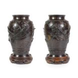 A Pair of Japanese Bronze Vases, Meiji period, of baluster form,