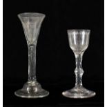 A Wine Glass, circa 1750, the drawn trumpet bowl on plain stem with air tear and domed foot,